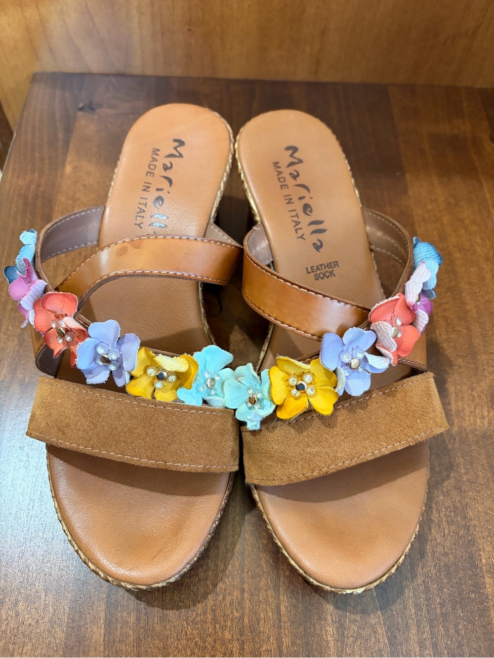 MARELLA Brown Leather Floral Embellished Slide Mules - Multicolor Flowers